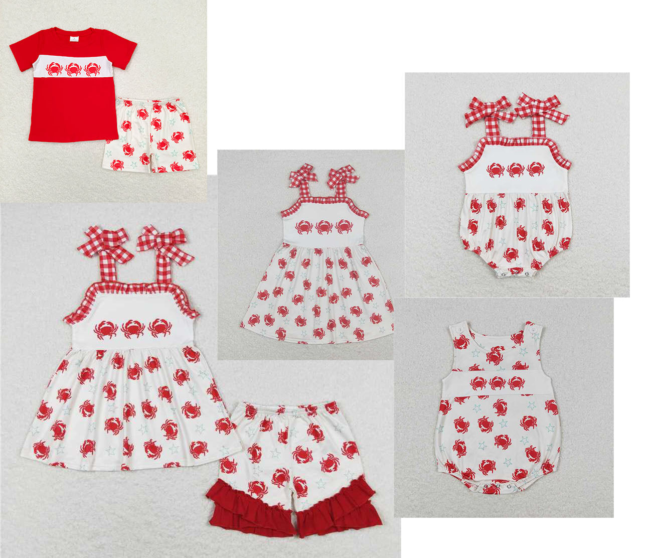 Crab star red and white plaid lace beige sling Sibling Sister Clothes Sets