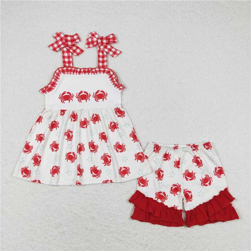 Crab star red and white plaid lace beige sling Sibling Sister Clothes Sets