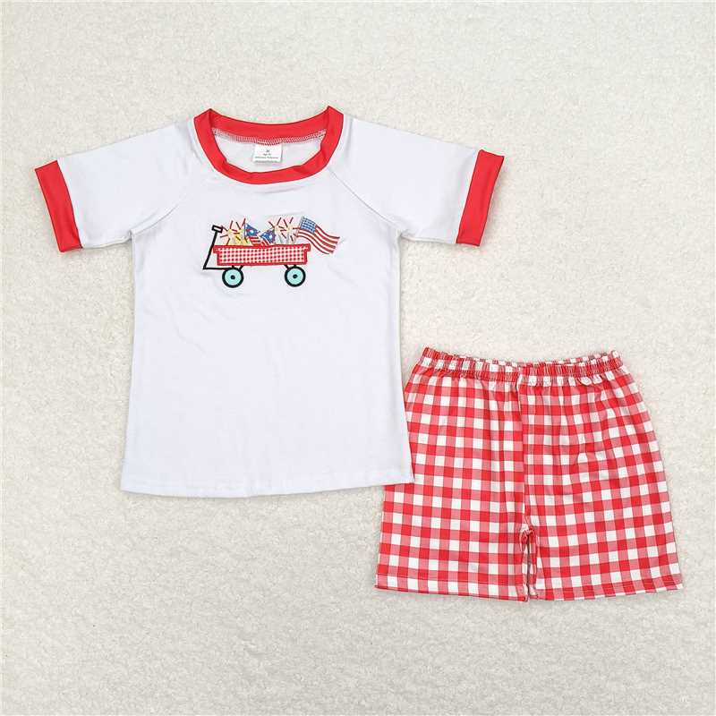 RTSno moq  GSD0843Embroidery fireworks flag cart white short sleeve red plaidBSSO0618