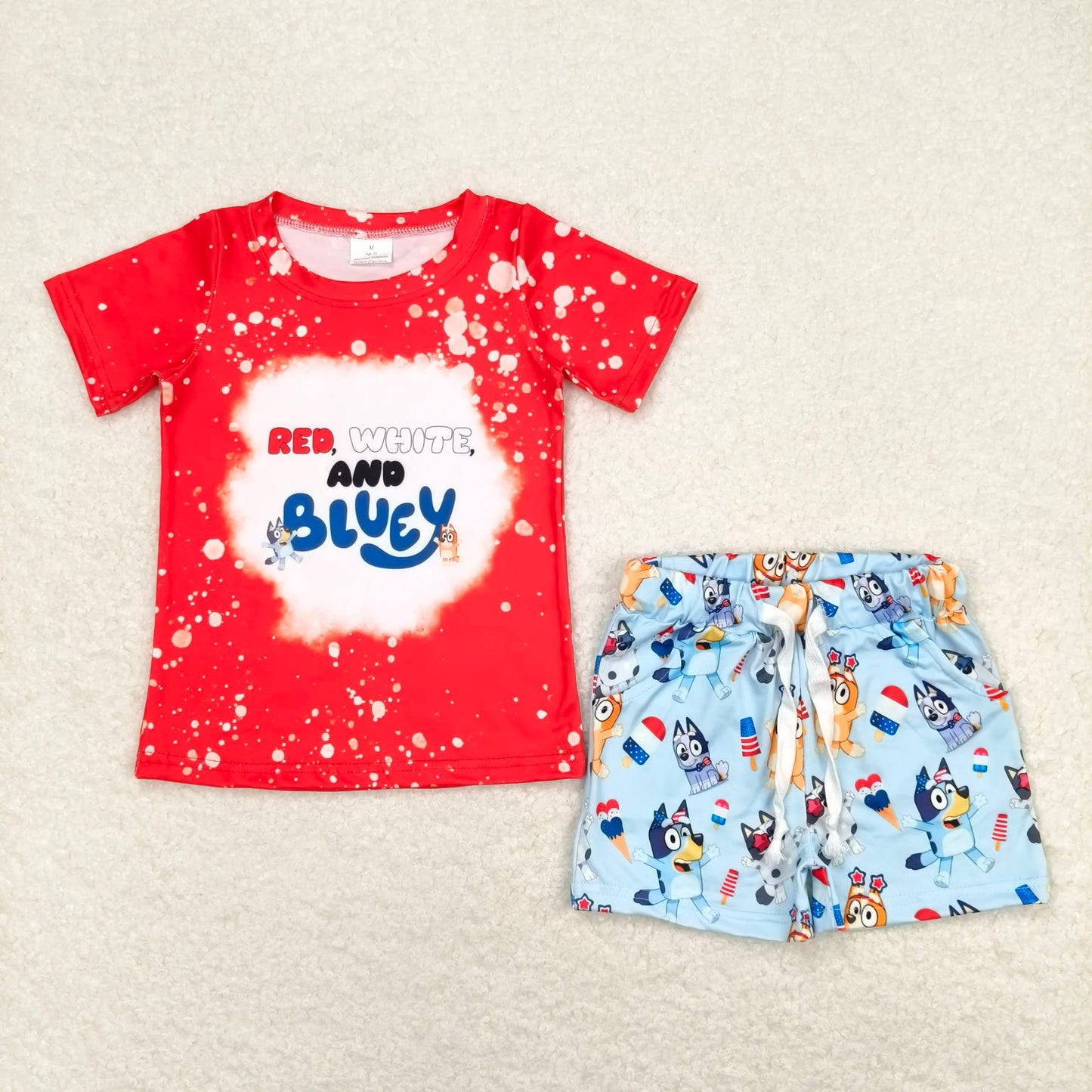 RTS NO MOQ GSSO0543 +	 BSSO0516red white bluey red short-sleeved lace popsicle blue shorts suit