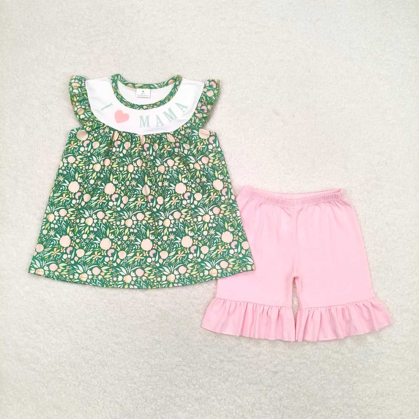 RTS no moq I love mama letters flowers green short sleeves pink 	 GSSO0913