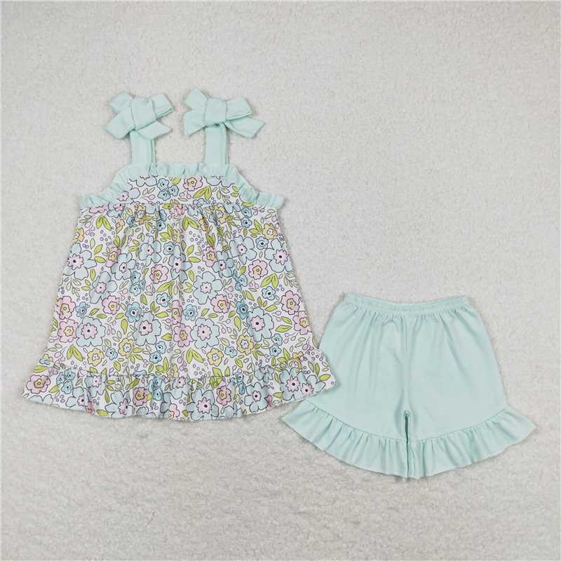 RTS  GSSO1018Flower Light Blue Lace Suspender Shorts Set