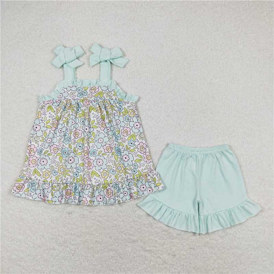 RTS  GSSO1018Flower Light Blue Lace Suspender Shorts Set