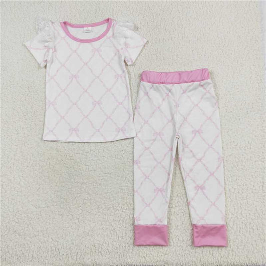 RTS BAMBOO no moq GSPO1517 Modal bow pattern pink and white short-sleeved long pants pajama set A