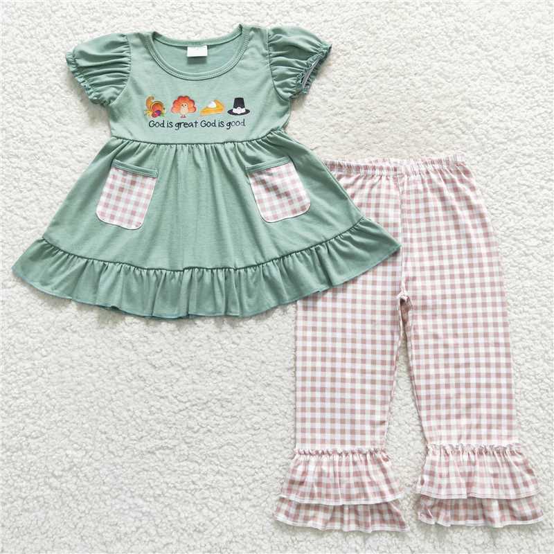 RTS	 GSPO0827 cotton fabric with viny  god is great offset turkey pocket green short god is great offset turkey plaid bow green short-sleeved jumpsuit