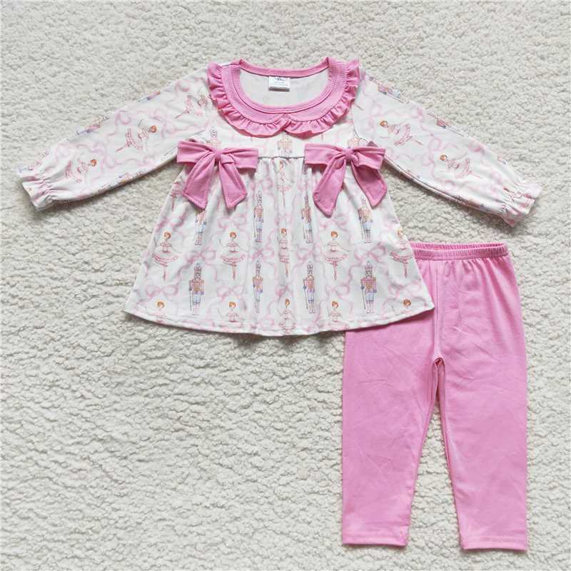 RTS NO MOQ Dancing Girl Print Pink Bow-Pleated Baby Collar Long Sleeve Suit & Long Sleeve Short Climbing Suit