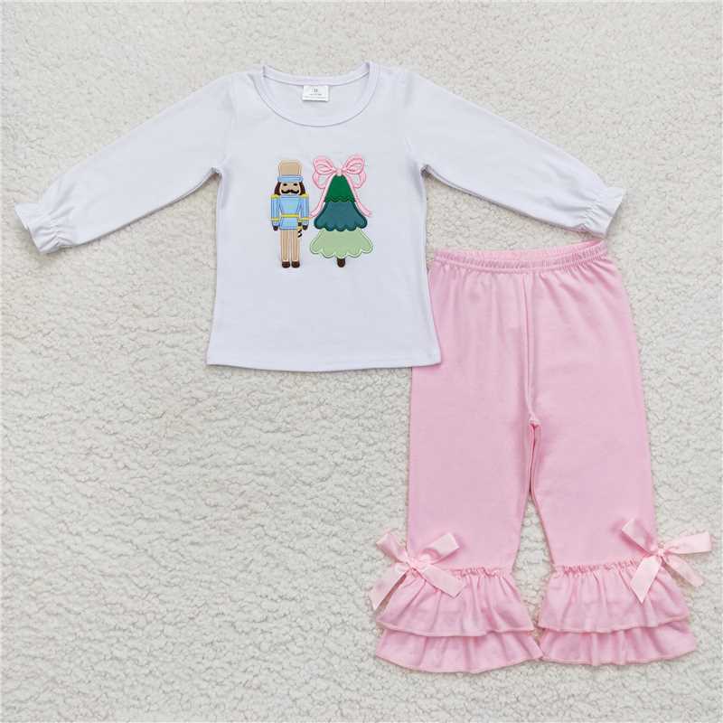 RTS NO MOQ Embroidered Guard Christmas Tree Pattern Boys and Girls Long Sleeve Suit & Skirt & Crawling Suit