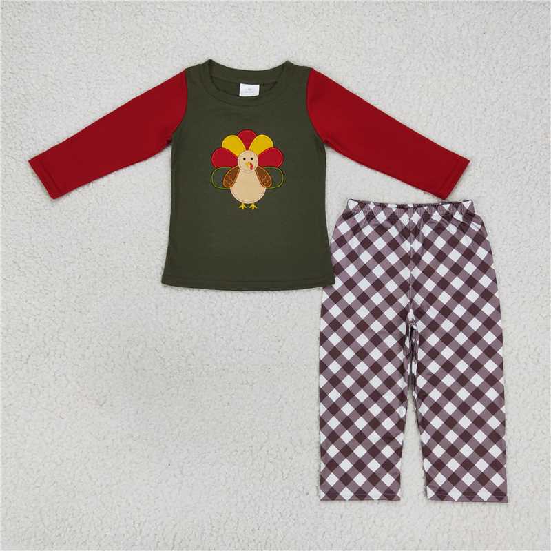 RTS NO MOQ  Girls Boys Toddlers embroidery LR0670 Embroidered Turkey Khaki Plaid Dark Green Long Sleeve