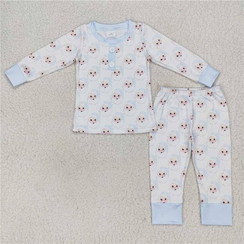 RTS NO MOQ Sky blue Santa Claus print white long-sleeved suit & long zip-up romper & adult trousers