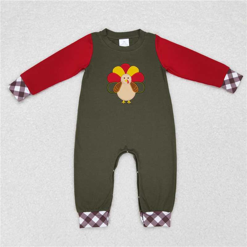 RTS NO MOQ  Girls Boys Toddlers embroidery LR0670 Embroidered Turkey Khaki Plaid Dark Green Long Sleeve