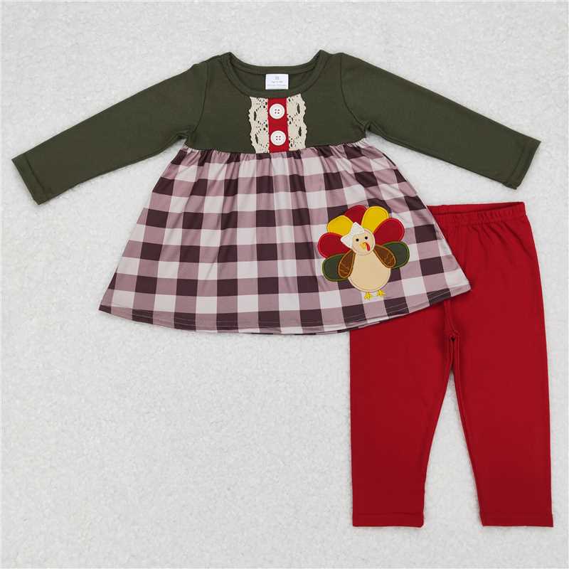 RTS NO MOQ  Girls Boys Toddlers embroidery LR0670 Embroidered Turkey Khaki Plaid Dark Green Long Sleeve