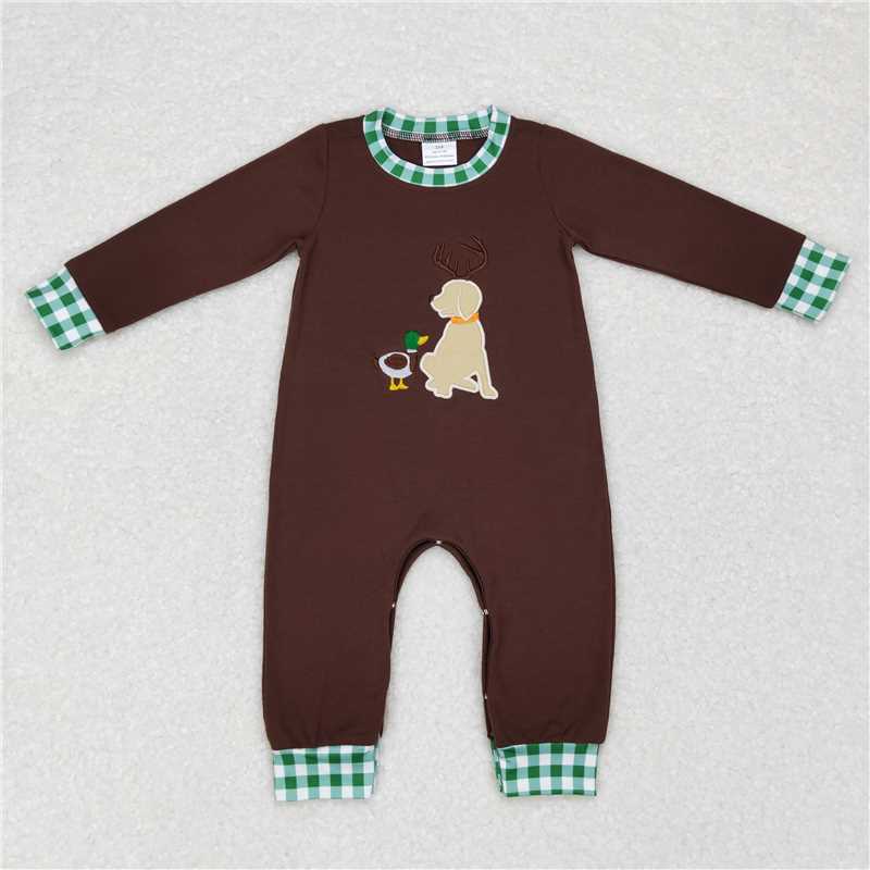 RTS NO MOQ Embroidered Puppy and Duck Brown & Green Plaid Button Pullover & Long Sleeve Set & Crawling Suit