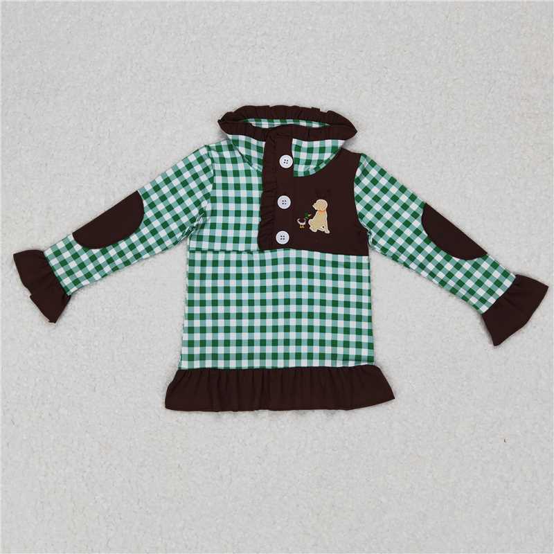 RTS NO MOQ Embroidered Puppy and Duck Brown & Green Plaid Button Pullover & Long Sleeve Set & Crawling Suit