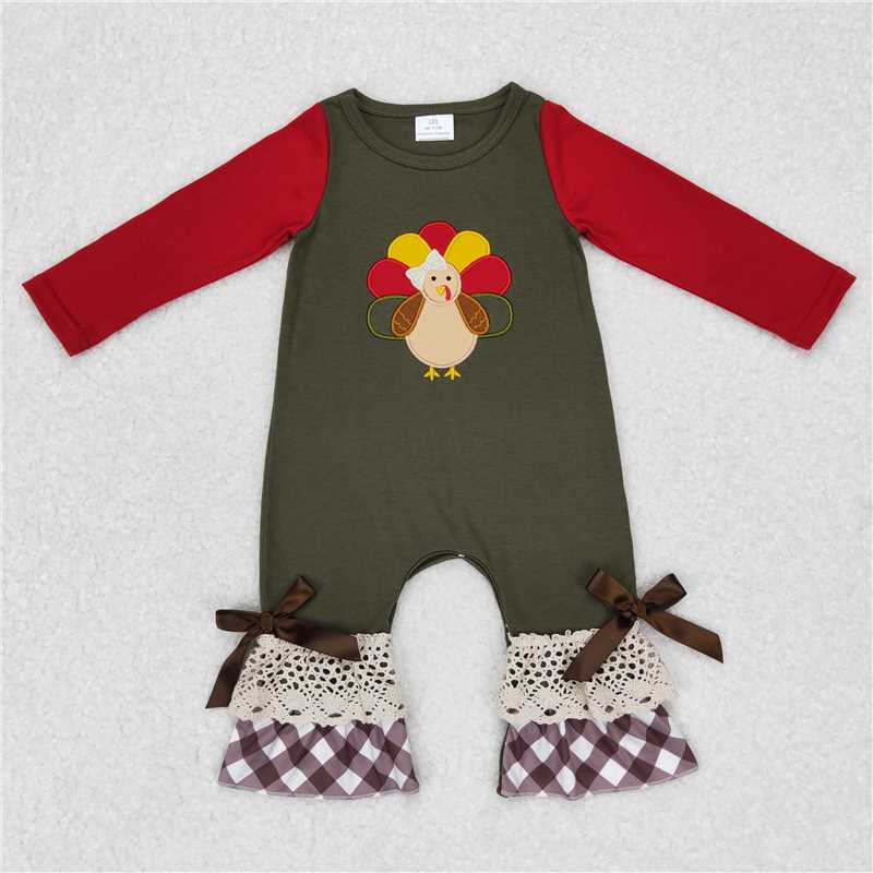 RTS NO MOQ  Girls Boys Toddlers embroidery LR0670 Embroidered Turkey Khaki Plaid Dark Green Long Sleeve