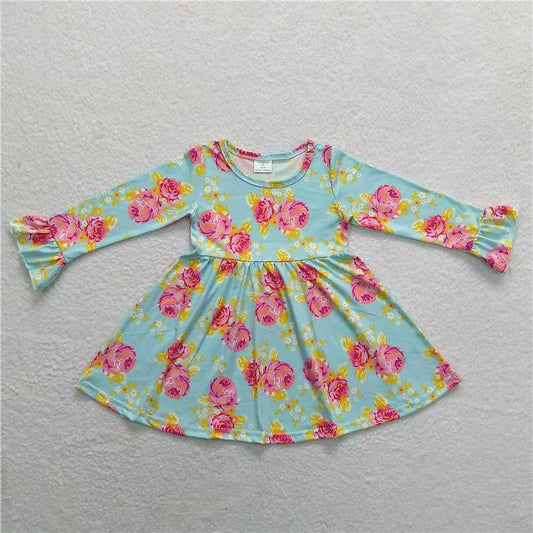 RTS NO MOQ SALES G3-24,./ Pink and yellow floral blue long-sleeved dress