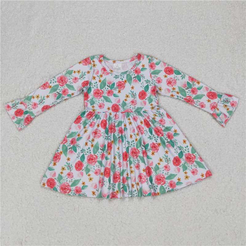 RTS NO MOQ SALES G6-11-7; Pink flower and green leaves white long-sleeved dress