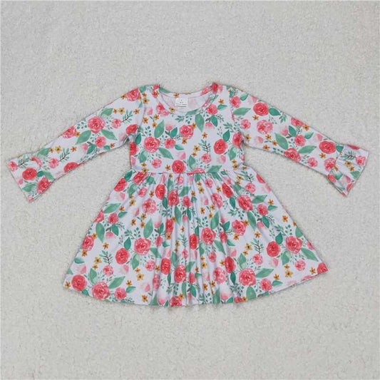 RTS NO MOQ SALES G6-11-7; Pink flower and green leaves white long-sleeved dress