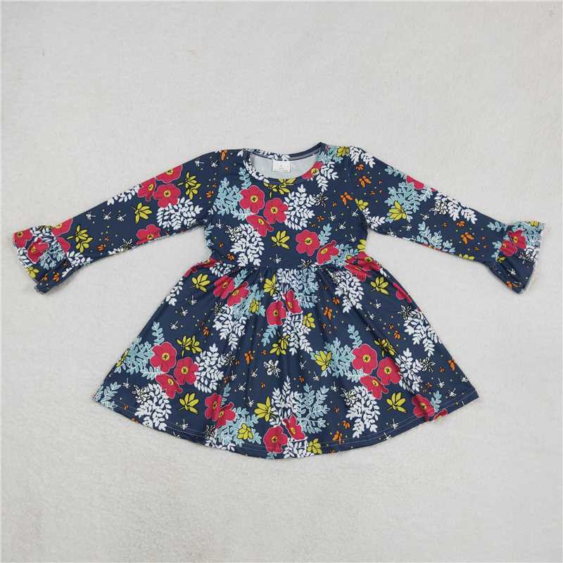 RTS NO MOQ SALES G6-11-6, Rose red flower blue and white leaves blue long-sleeved dress