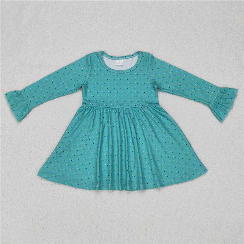 RTS NO MOQ SALES G6-11-6. Colorful polka dot green long-sleeved dress