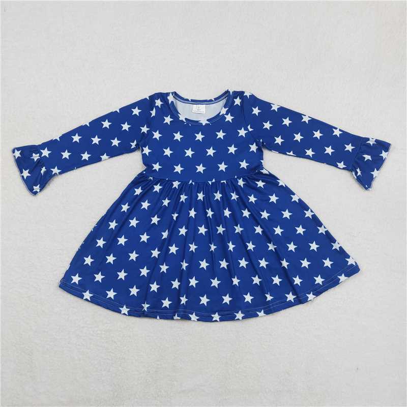 RTS NO MOQ SALES G6-11-6/ Five-pointed star blue long-sleeved dress