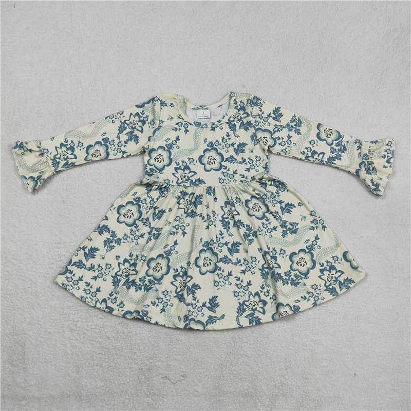 RTS NO MOQ SALES G6-11-5, Blue flower leaves beige long-sleeved dress