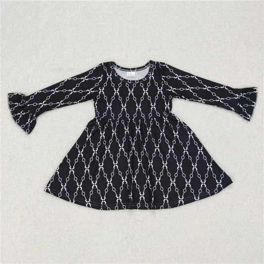 RTS NO MOQ SALES G6-11-5. Black long-sleeved dress with white pattern