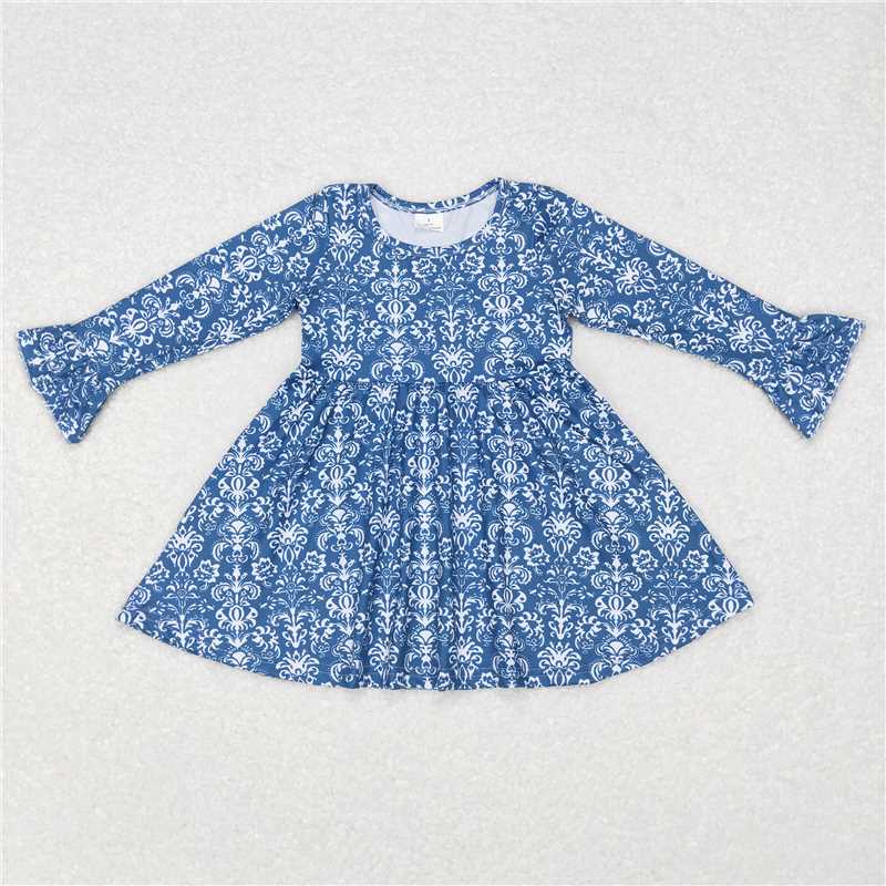 RTS NO MOQ SALES  G6-11-3' White pattern blue long-sleeved dress