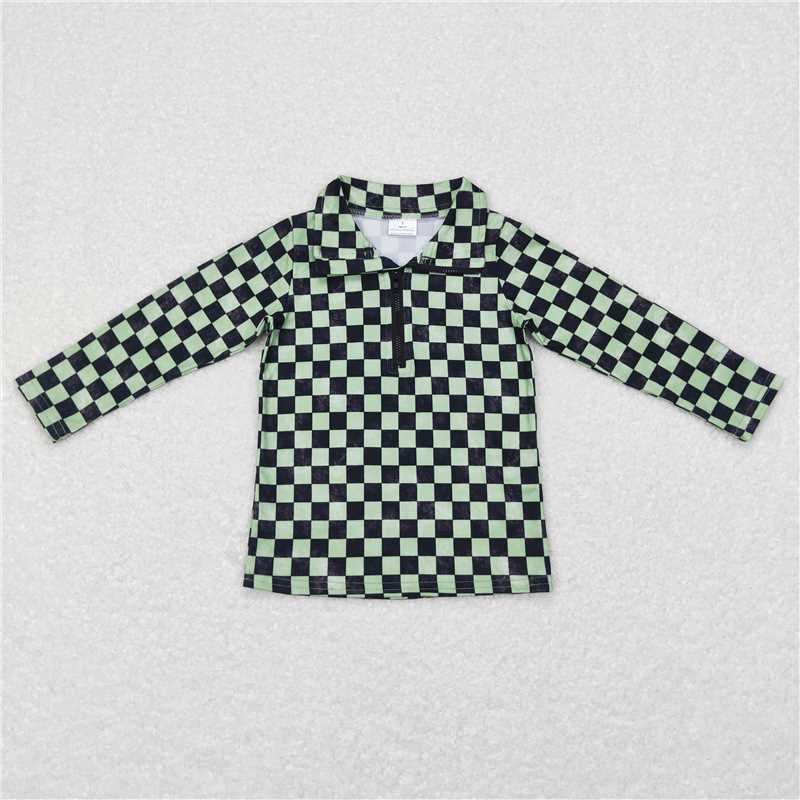 RTS NO MOQ Boys Tops Black and Green Plaid Zipper Long Sleeve Top