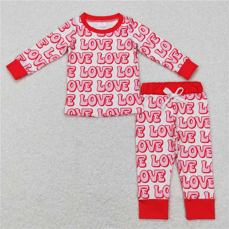 RTS NO MOQ Baby Girls Pink Valentine's Day Heart Pattern Long Sleeve Long Pants Pajama Set