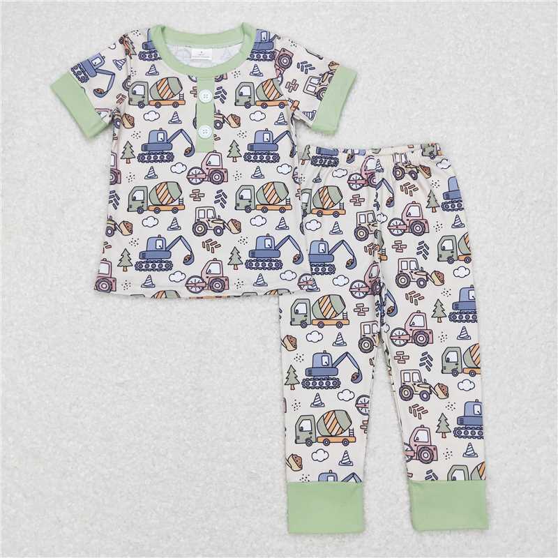 RTS NO MOQ Baby Boys Construction Truck Print Short Sleeve Trousers Set