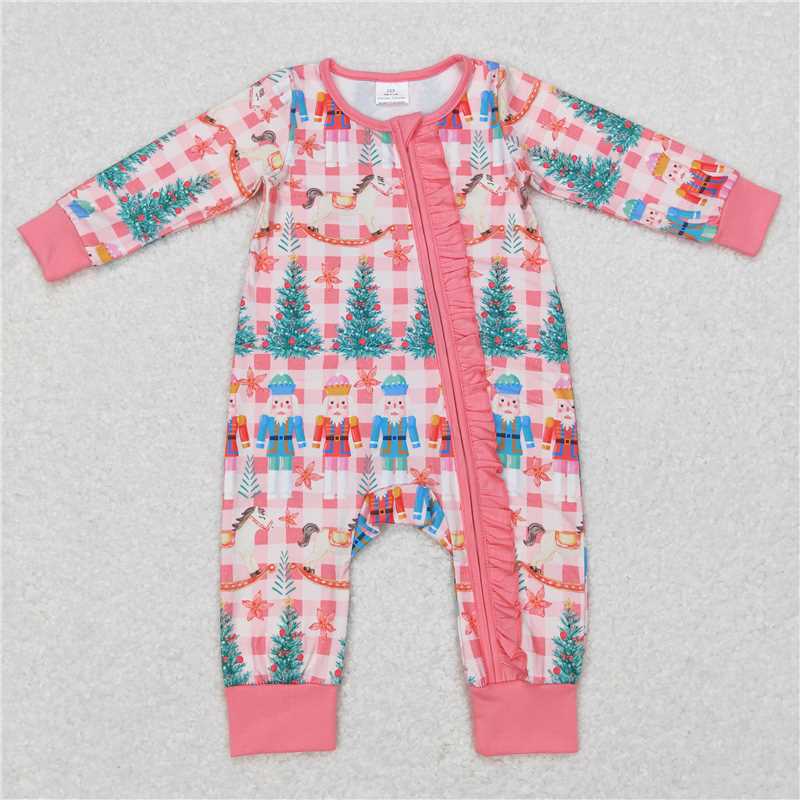 LR0665 Cartoon Soldier Nutcracker Plaid Pink Lace Zipper Long Sleeve Jumpsuit