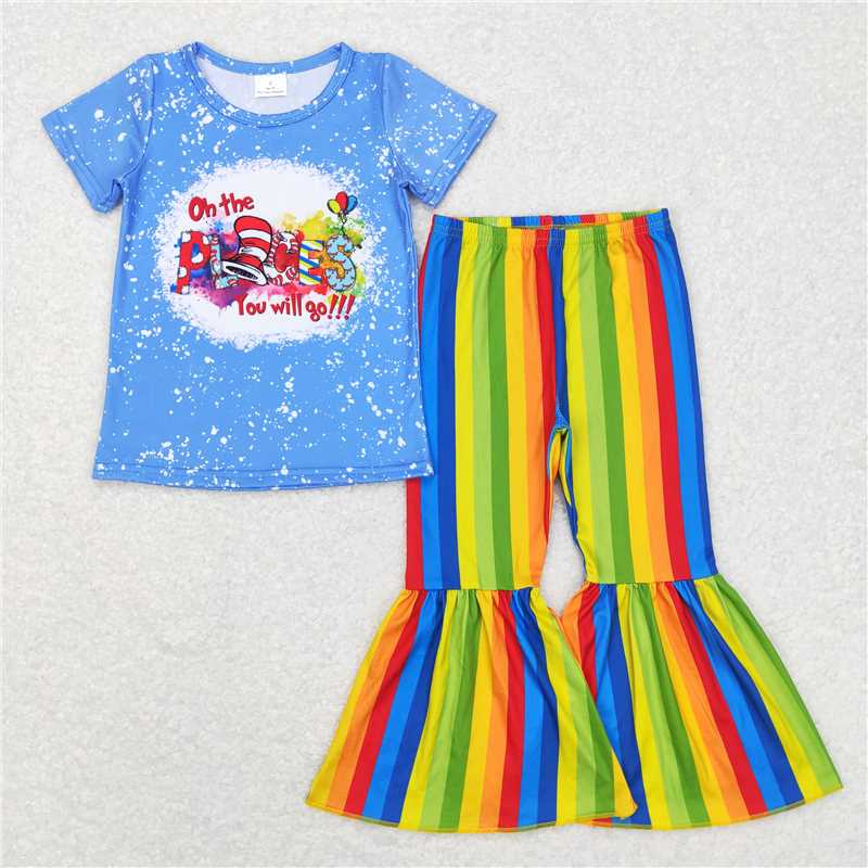 GSPO0924 Girls places dr seuss letter blue short sleeve suit