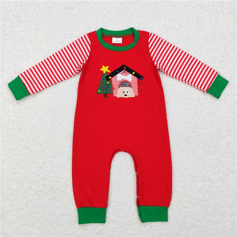 RTS NO MOQ Embroidered Christmas tree pattern red plaid long-sleeved suit & romper