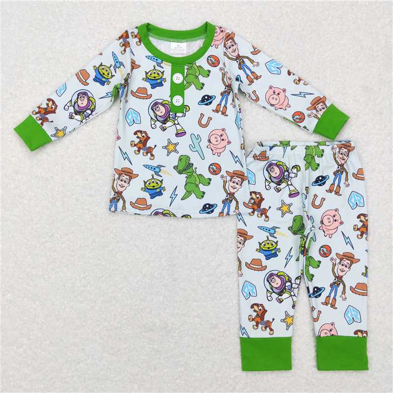 RTS NO MOQ Toy cartoon character green and white short-sleeved long pants pajamas set
