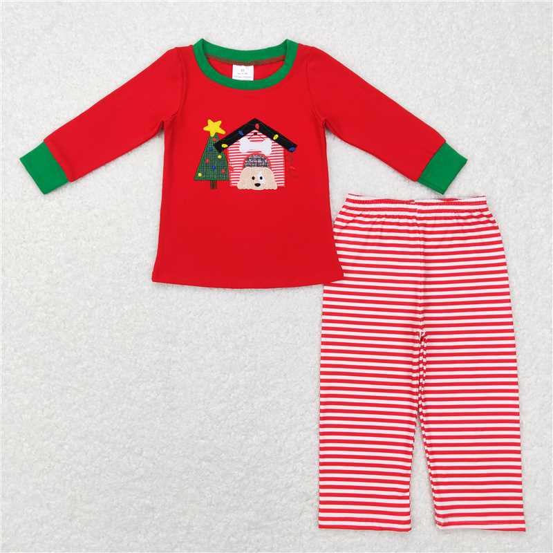 RTS NO MOQ Embroidered Christmas tree pattern red plaid long-sleeved suit & romper