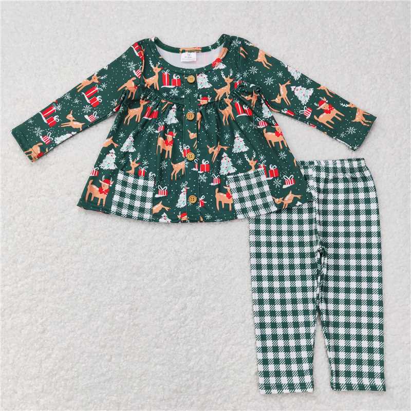 GLP0990 Deer Gift Christmas Tree Pocket Long Sleeve Green and White Plaid Pants Suit