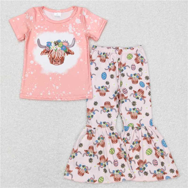 GSPO1055 Cow head flower Easter egg light color short-sleeved trousers suit