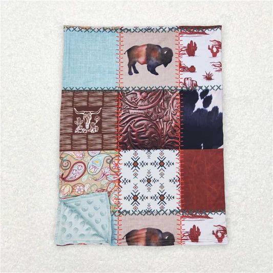 BL0080 Cow head geometric pattern blue and brown plaid baby blanket