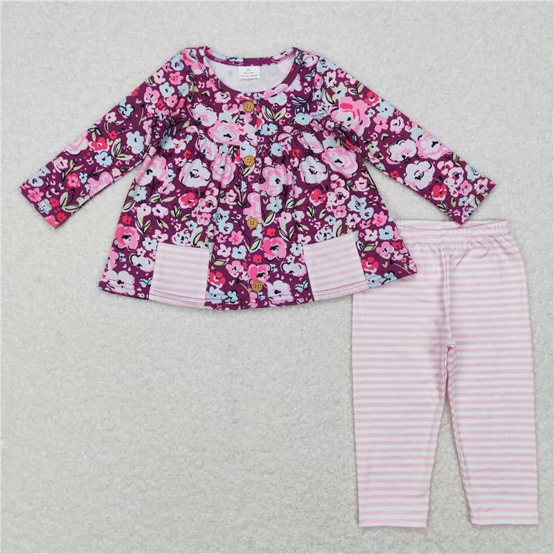 RTS NO MOQ Green long-sleeved pink and white striped trouser suit with flower pockets