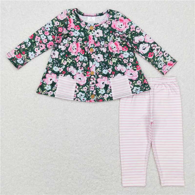 RTS NO MOQ Green long-sleeved pink and white striped trouser suit with flower pockets