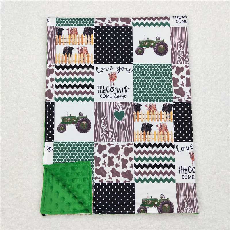 BL0096 Farm cow tractor plaid green baby blanket