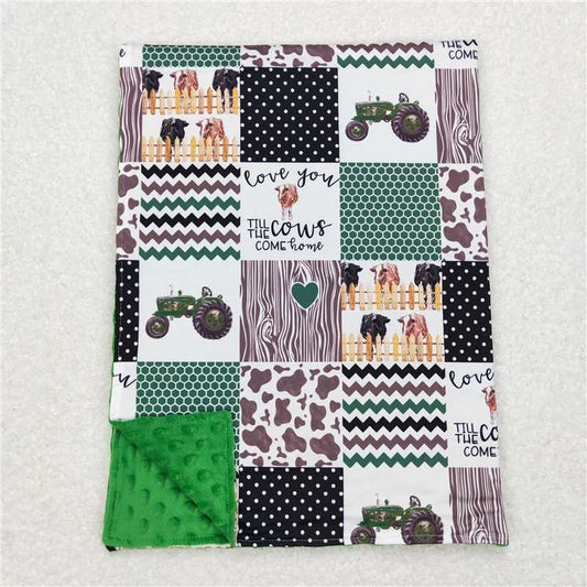 BL0096 Farm cow tractor plaid green baby blanket