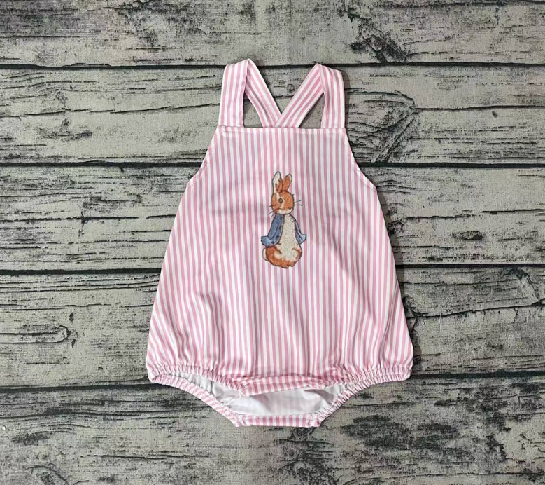 SR0462 Embroidered pink and white striped rabbit vest bodysuit