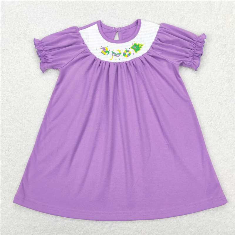 RTS NO MOQ ETA 5-7days GSD0502 Smocked embroidered carnival mask purple and white plaid short-sleeved dress