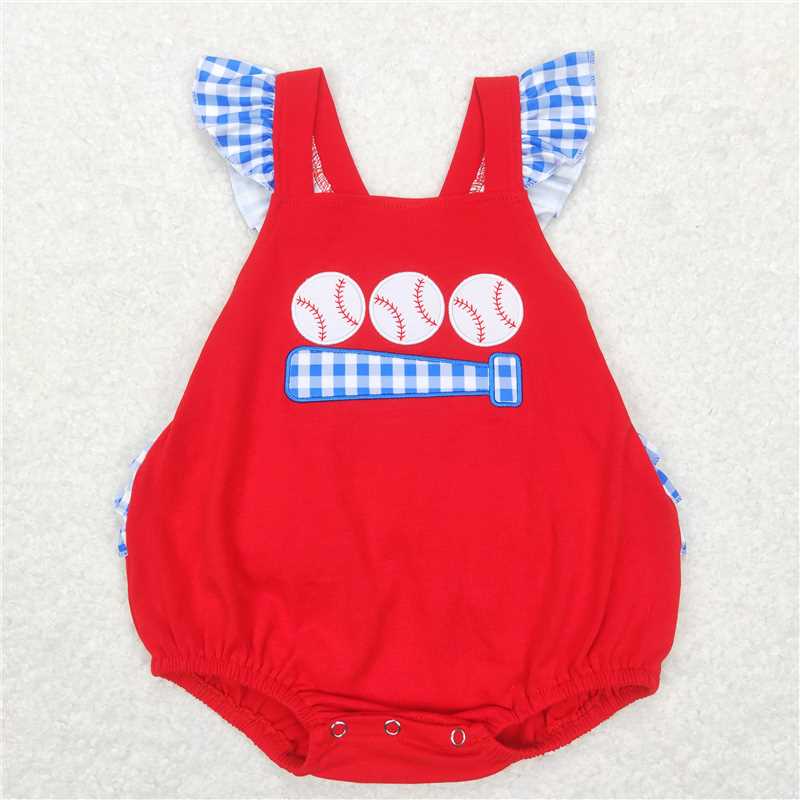 RTS Embroidery Baseball Red Short Sleeve Blue Plaid Shorts Set