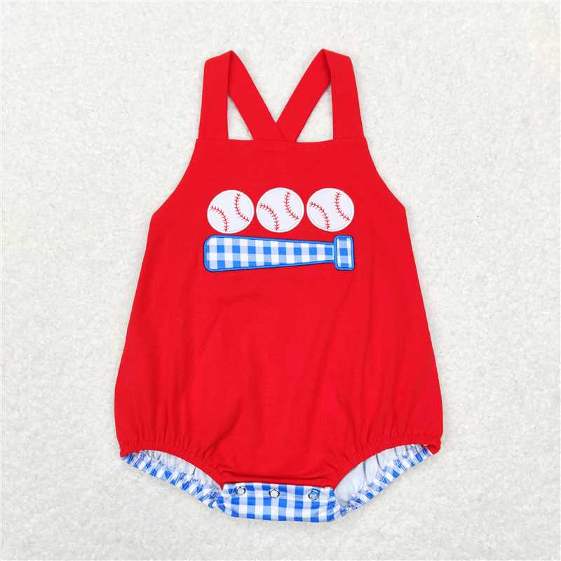 RTS Embroidery Baseball Red Short Sleeve Blue Plaid Shorts Set