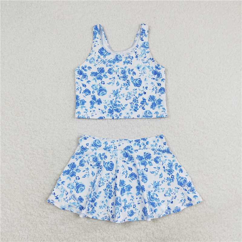 RTS NO MOQ Colorful sleeveless culottes suit Pink floral sleeveless culottes suit  Blue flower white sleeveless culottes suit