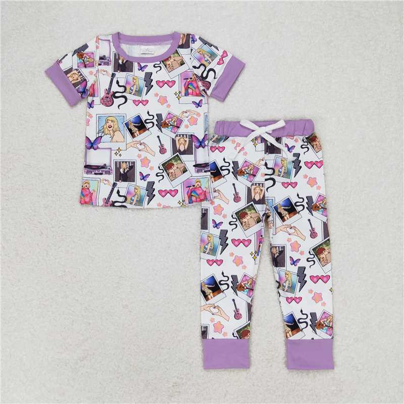 RTS NO MOQ Baby Girls European and American female singer musical instrument print pattern short-sleeved trousers suit