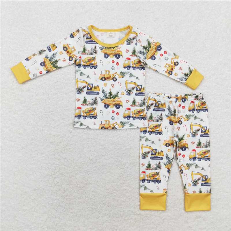 RTS NO MOQ Baby Boys Construction Truck Print Long Sleeve Trousers Set