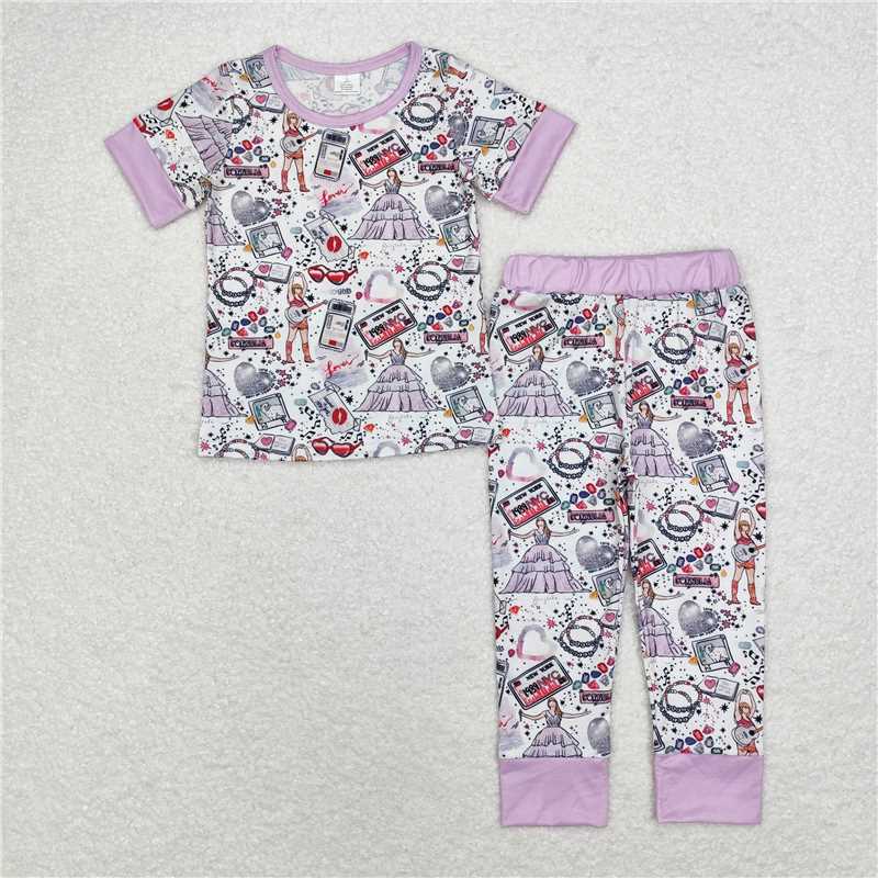 RTS NO MOQ Baby Girls European and American female singer musical instrument print pattern short-sleeved trousers suit